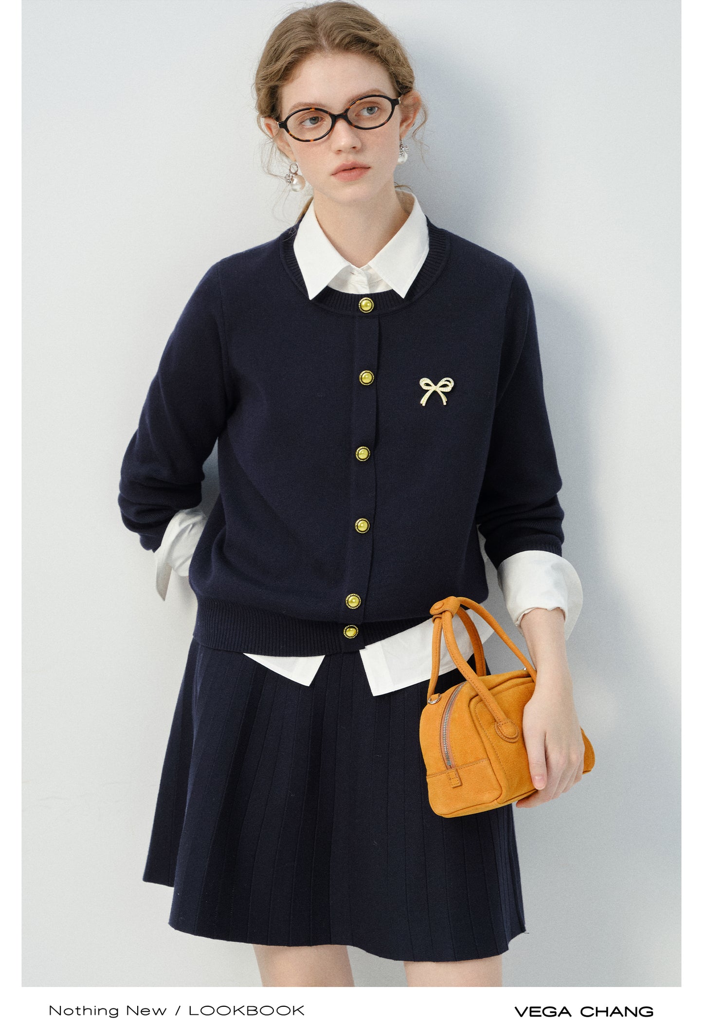 Bow Brooch Accent Knitted Cardigan And Pleated Skirt