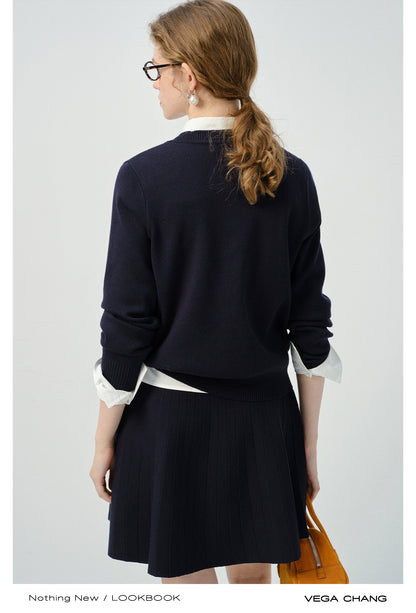 Bow Brooch Accent Knitted Cardigan And Pleated Skirt