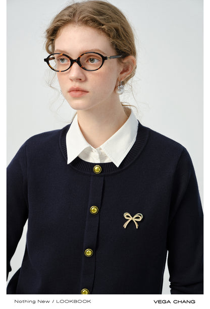 Bow Brooch Accent Knitted Cardigan And Pleated Skirt