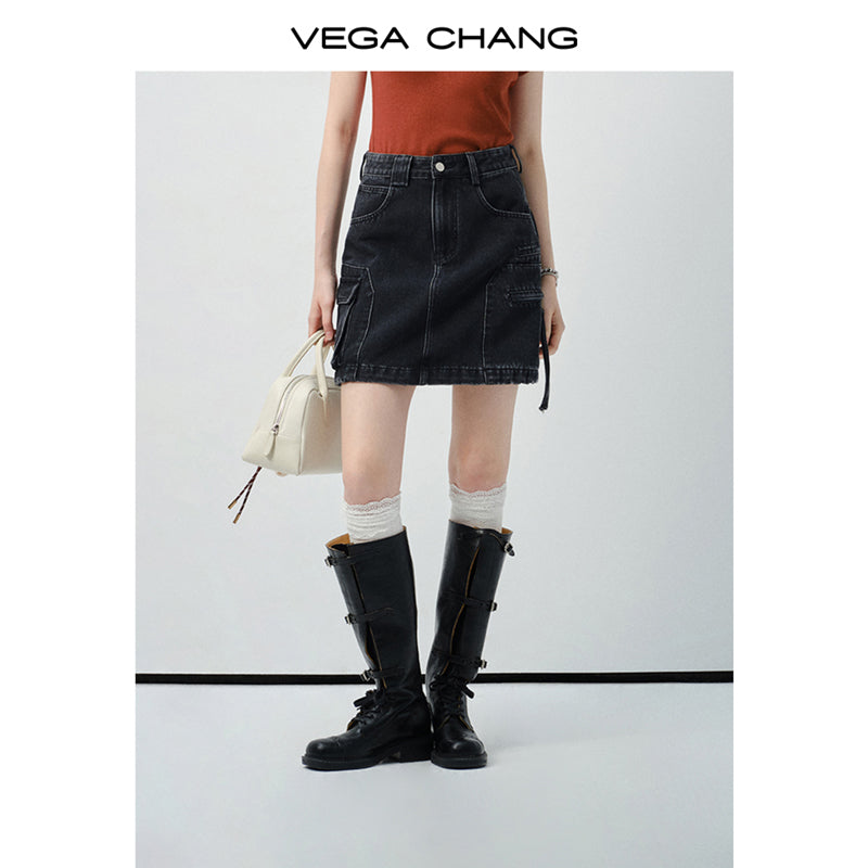 High-Waist A-Line Washed Denim Skirt
