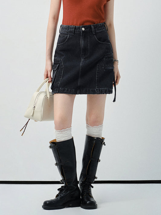 High-Waist A-Line Washed Denim Skirt