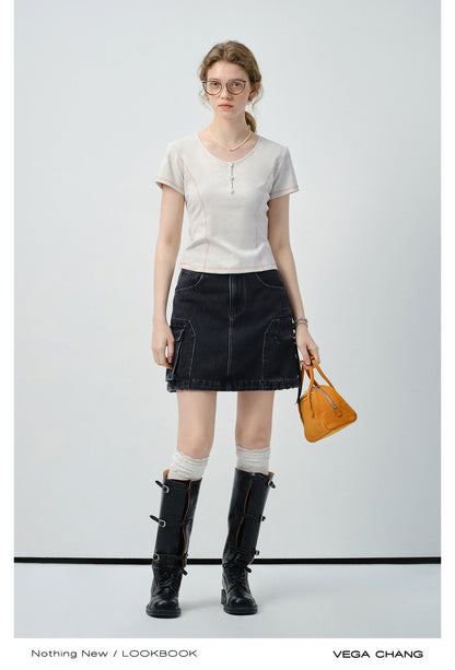High-Waist A-Line Washed Denim Skirt