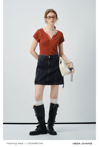 High-Waist A-Line Washed Denim Skirt