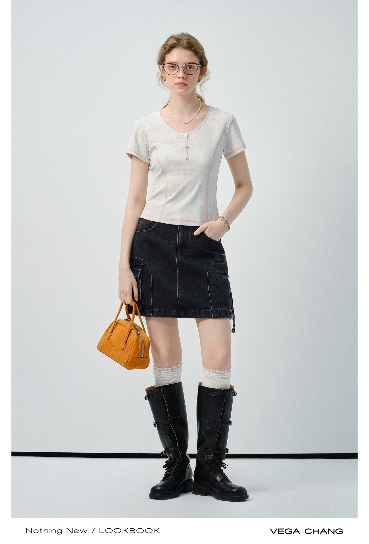 High-Waist A-Line Washed Denim Skirt