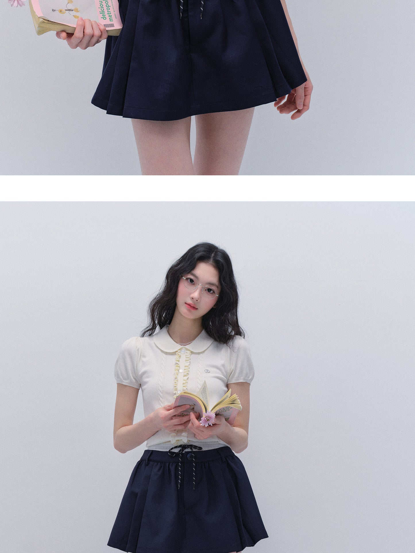 Peter Pan Collar Ruffled Front Knit Top