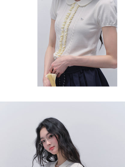 Peter Pan Collar Ruffled Front Knit Top