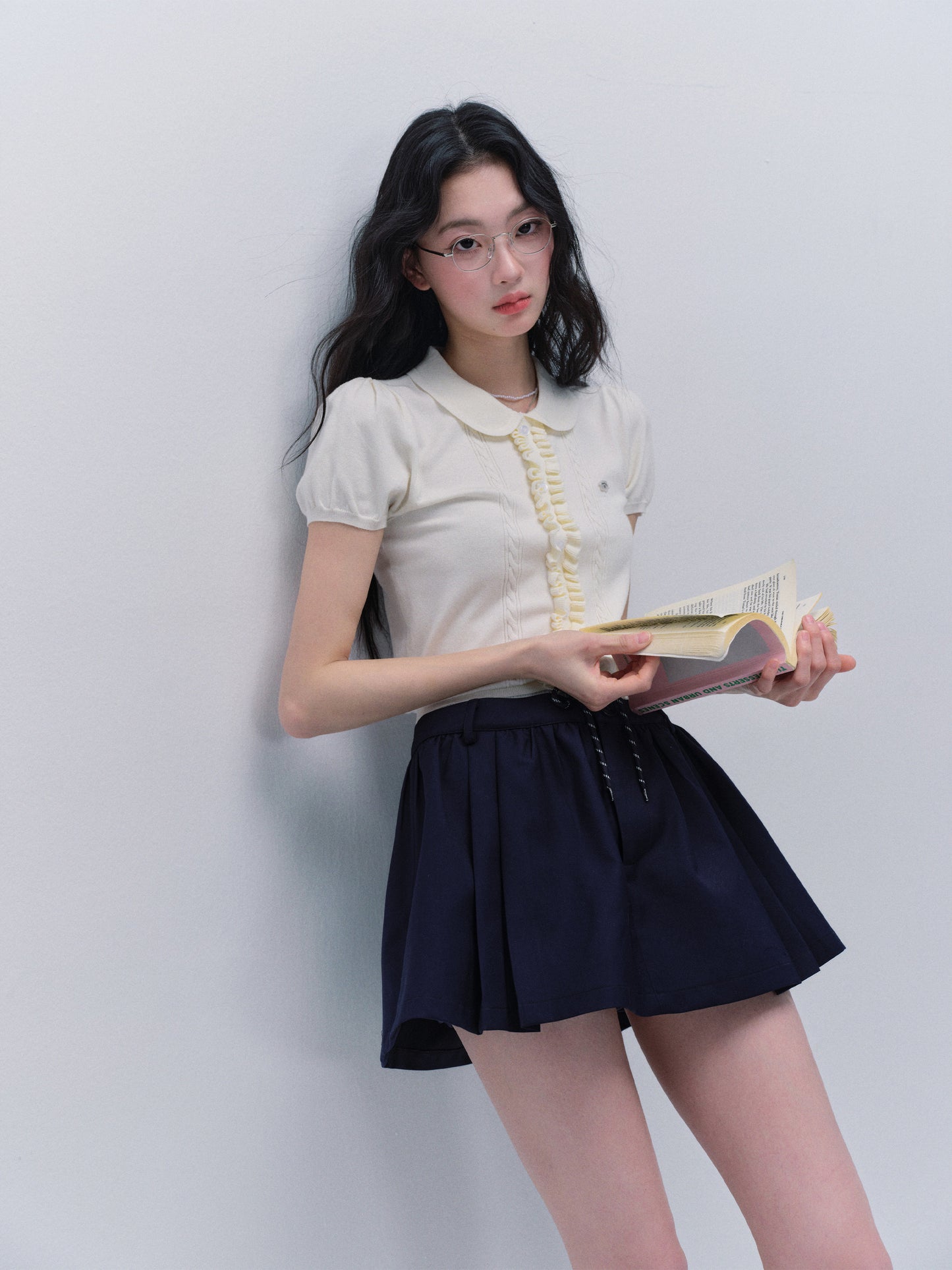 Peter Pan Collar Ruffled Front Knit Top