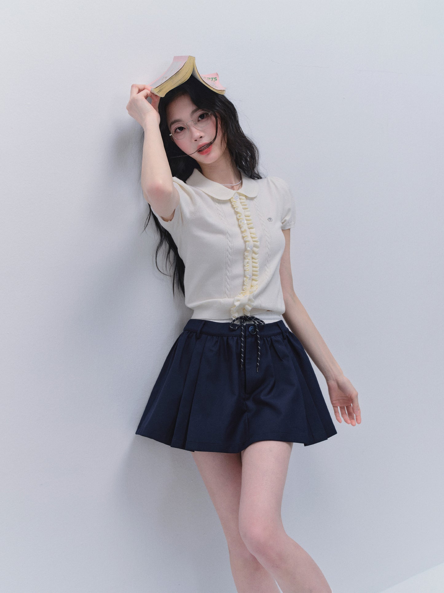 Peter Pan Collar Ruffled Front Knit Top