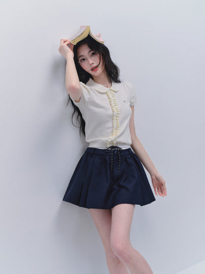 Peter Pan Collar Ruffled Front Knit Top
