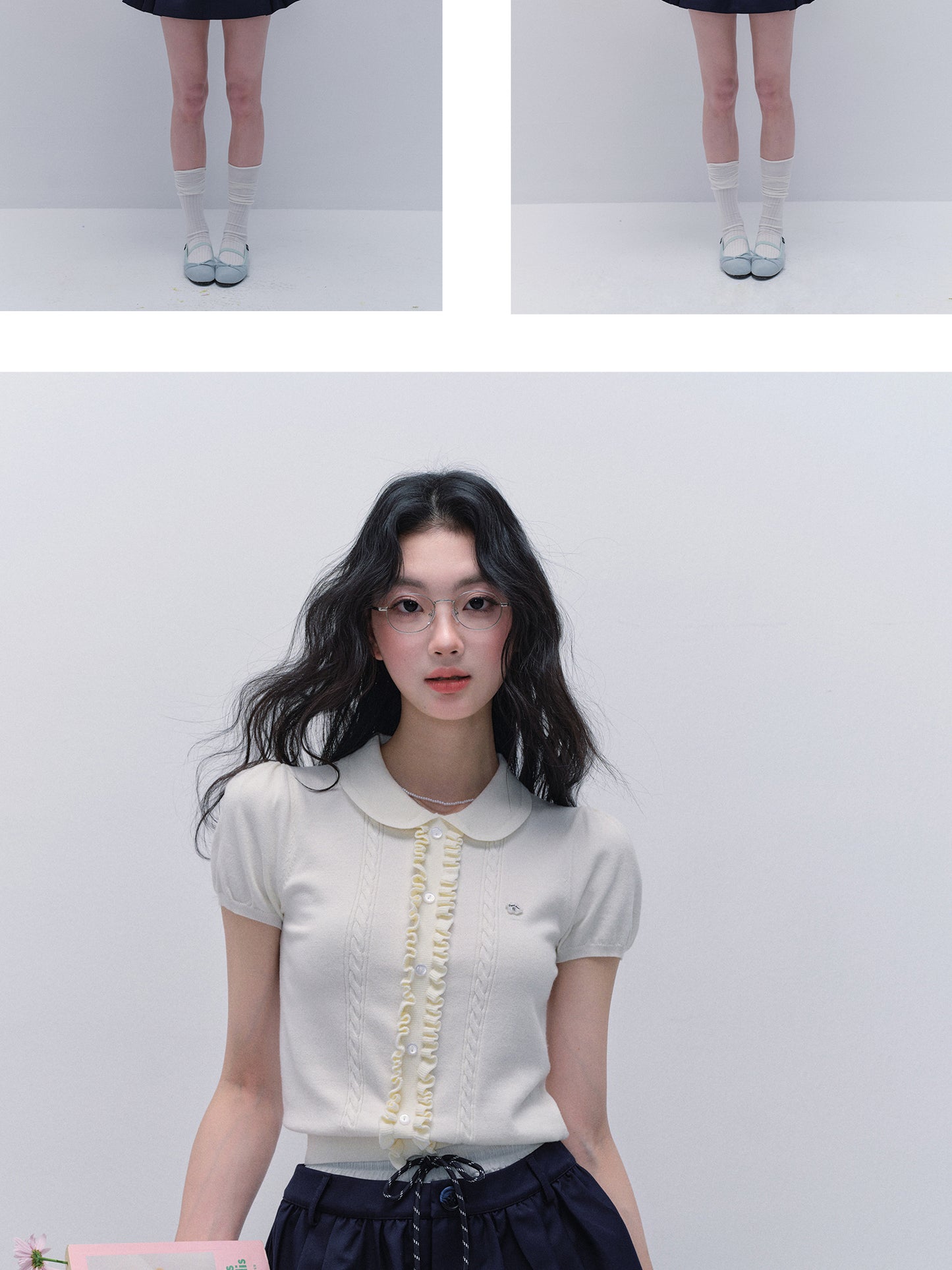 Peter Pan Collar Ruffled Front Knit Top