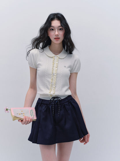 Peter Pan Collar Ruffled Front Knit Top