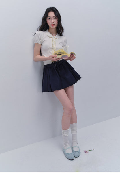 Peter Pan Collar Ruffled Front Knit Top