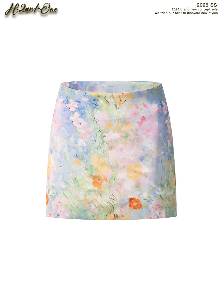 Painterly Floral Print Fitted Skirt