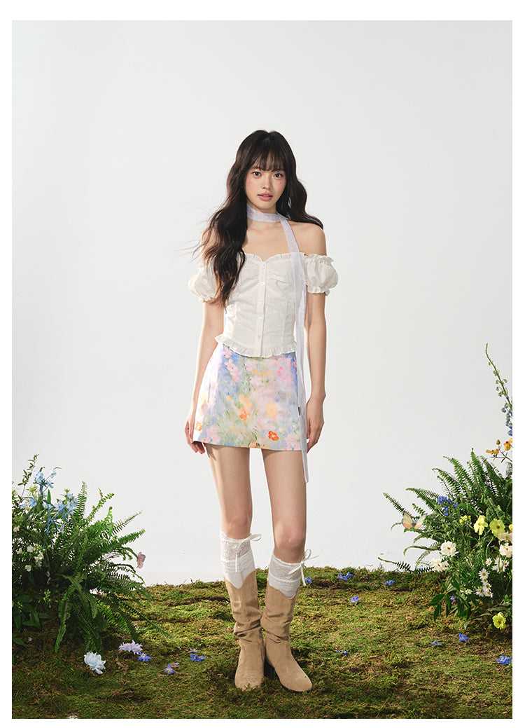 Painterly Floral Print Fitted Skirt