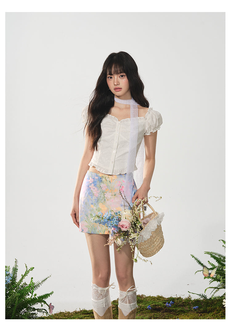 Painterly Floral Print Fitted Skirt