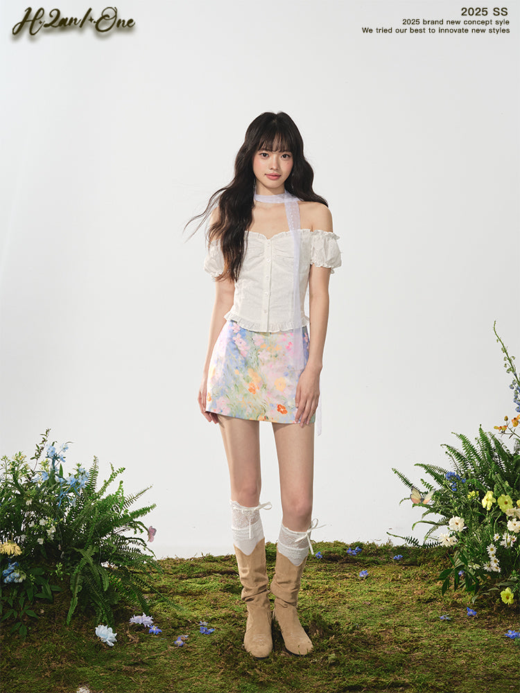 Painterly Floral Print Fitted Skirt