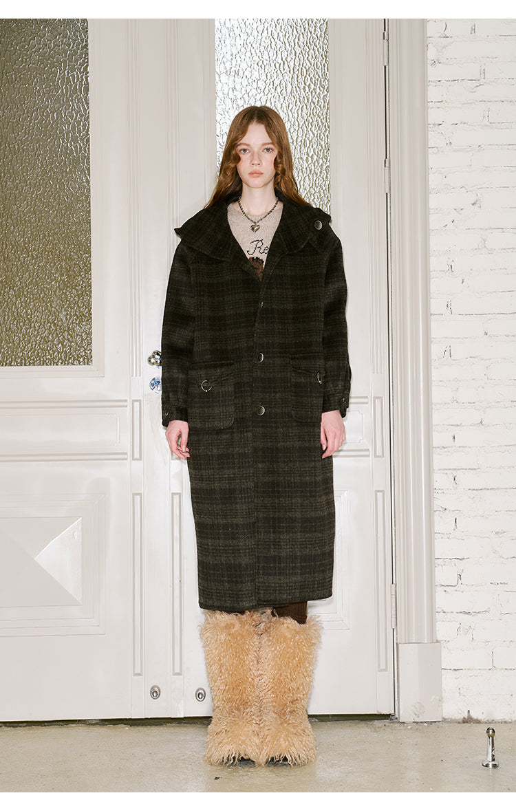 Plaid Wool Blend Hooded Long Coat