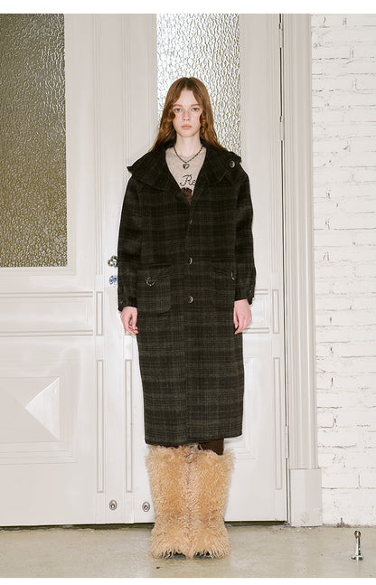 Plaid Wool Blend Hooded Long Coat