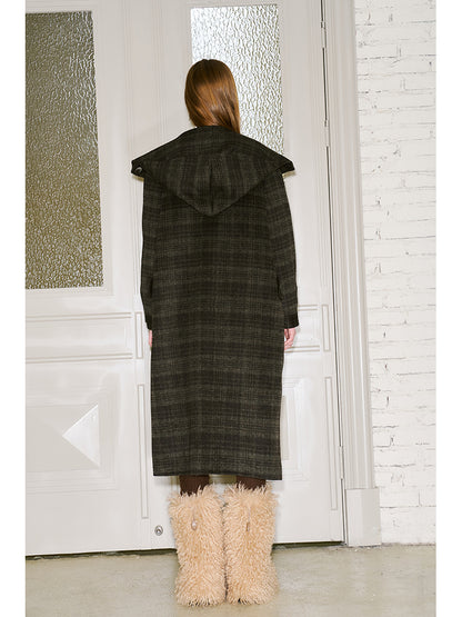 Plaid Wool Blend Hooded Long Coat