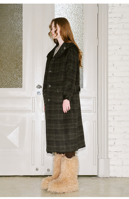 Plaid Wool Blend Hooded Long Coat