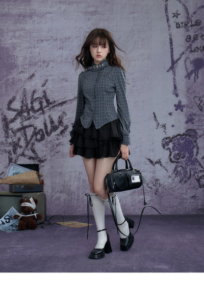 Tailored Check Blouse With Ruffle Trim And Neck Belt