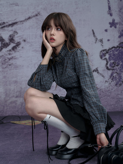 Tailored Check Blouse With Ruffle Trim And Neck Belt
