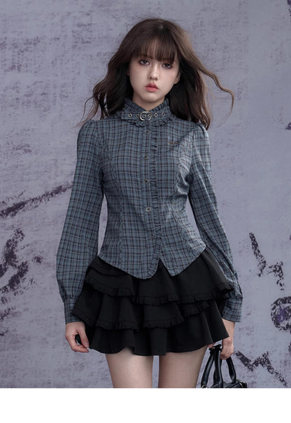 Tailored Check Blouse With Ruffle Trim And Neck Belt