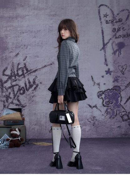 Tailored Check Blouse With Ruffle Trim And Neck Belt