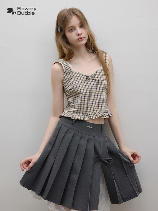 Square V-Neck Sleeveless Plaid Cotton Top