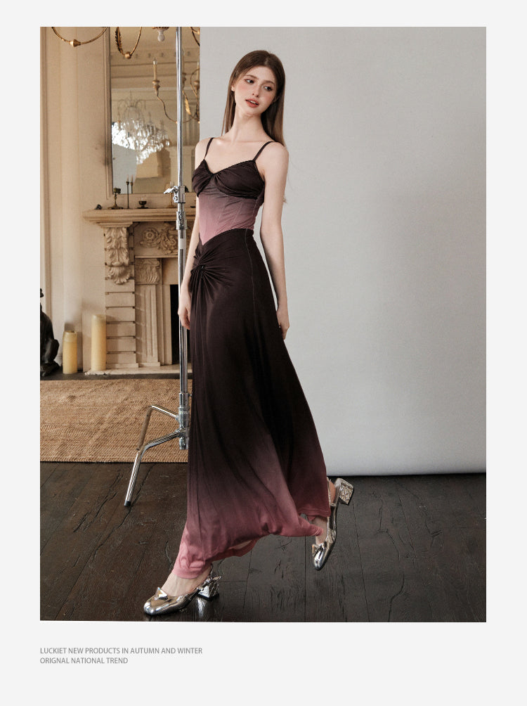 Twist-Gathered Gradient Bustier Dress