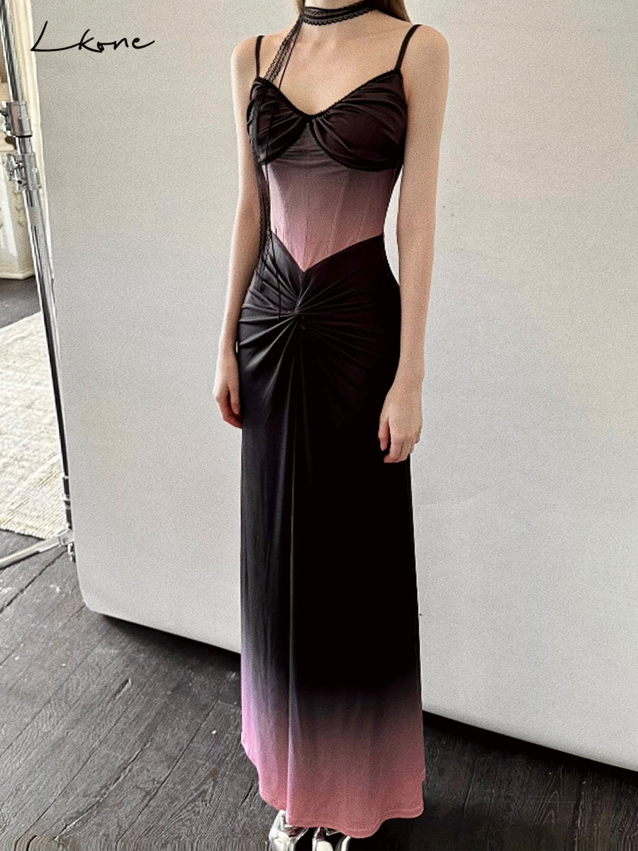 Twist-Gathered Gradient Bustier Dress