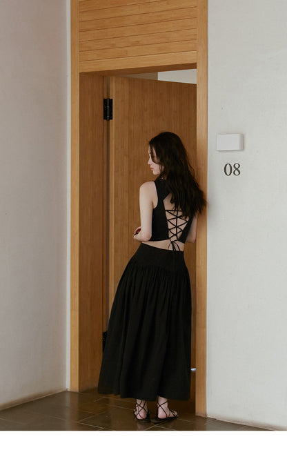 Sleeveless Lace-Up Crop Top & Matching Yoke Skirt