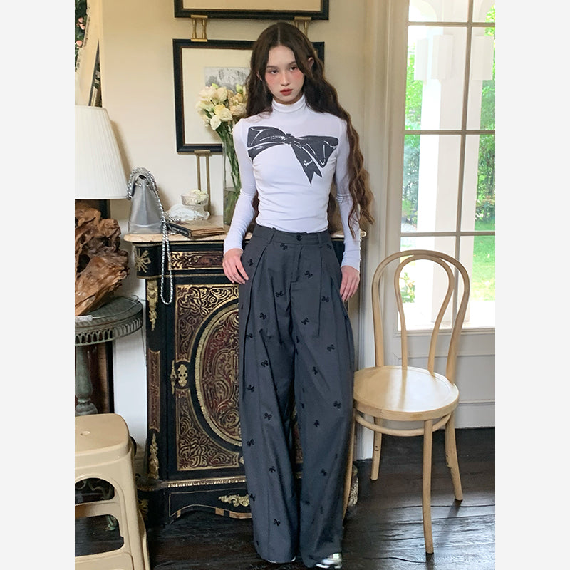 Bow Print Fitted Roll Neck Tee