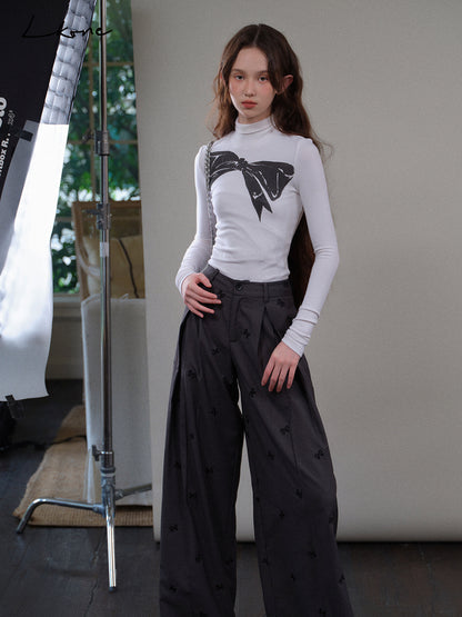 Bow Print Fitted Roll Neck Tee