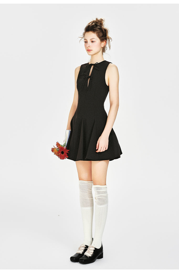 Pleated Tie-Front Sleeveless Dress