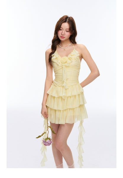 Fitted Ruffled Chiffon Tiered Mini Halter Dress
