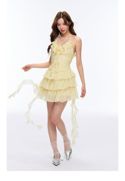 Fitted Ruffled Chiffon Tiered Mini Halter Dress