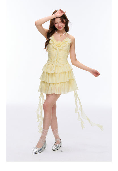 Fitted Ruffled Chiffon Tiered Mini Halter Dress