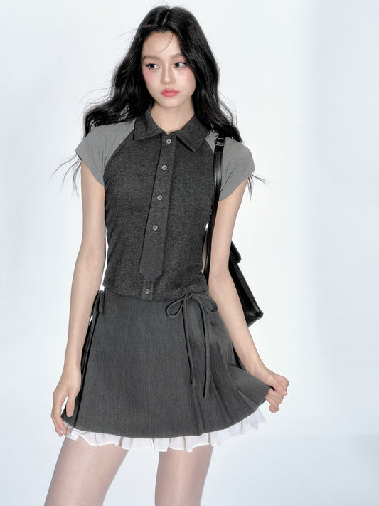 Two-Tone Color Block Shirt & Lace-Trimmed Skirt