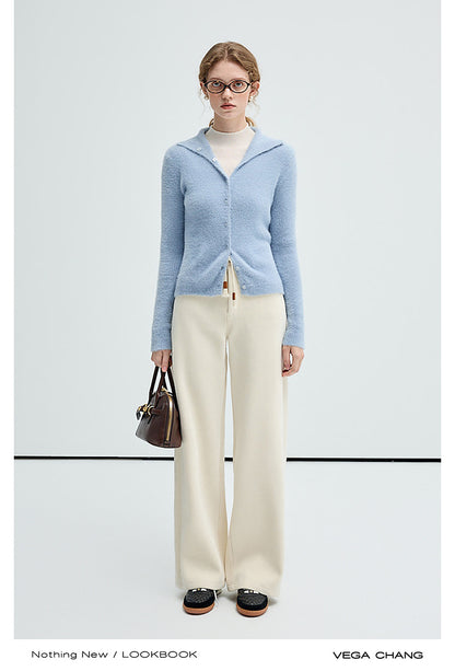 Stretchy Rib-Knit Back Waistband Zip-Up Pants