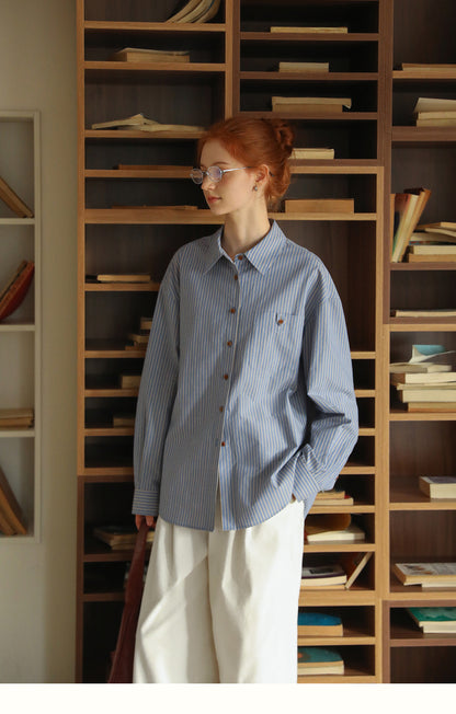 Contrast Button Striped Cotton Shirt
