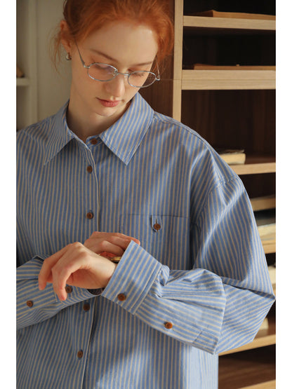 Contrast Button Striped Cotton Shirt
