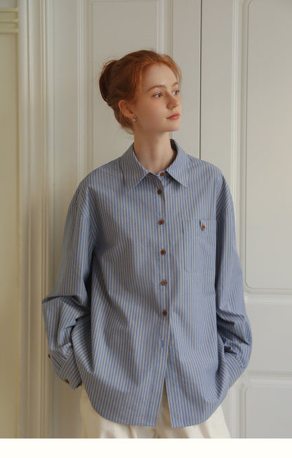 Contrast Button Striped Cotton Shirt