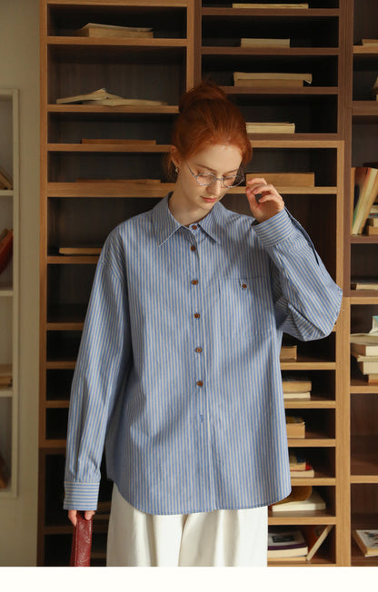 Contrast Button Striped Cotton Shirt