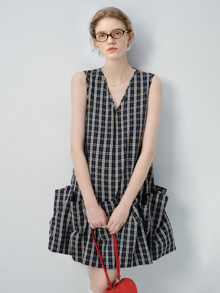 Sleeveless Plaid Ruffled Dress With Voluminous Silhouette
