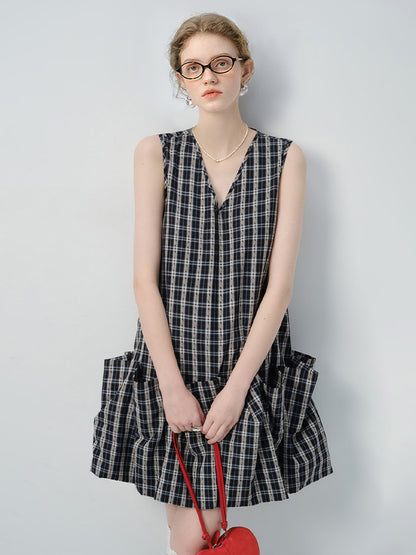 Sleeveless Plaid Ruffled Dress With Voluminous Silhouette