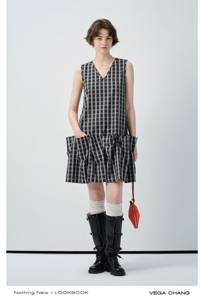 Sleeveless Plaid Ruffled Dress With Voluminous Silhouette