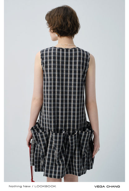 Sleeveless Plaid Ruffled Dress With Voluminous Silhouette