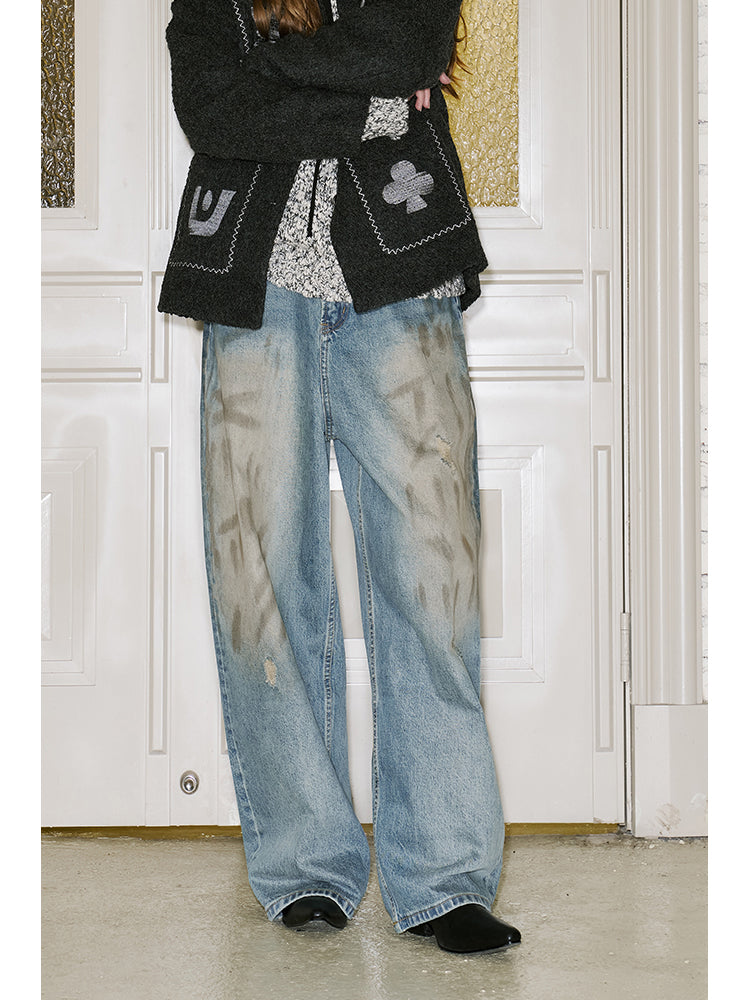 Vintage-Inspired Distressed Wide-Leg Jeans