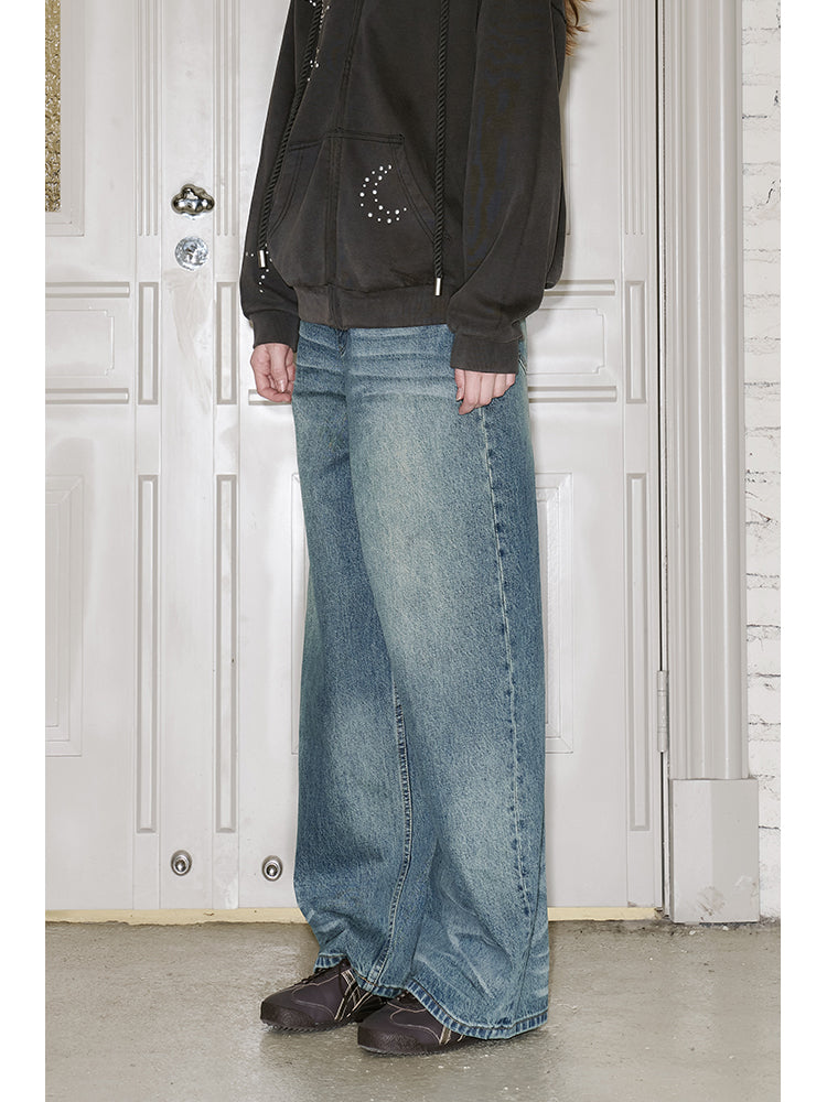 Vintage-Inspired Distressed Wide-Leg Jeans